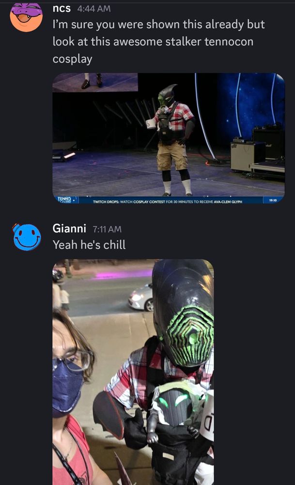 discord screencap of chat with NCS about a Stalker cosplay where here's a dad, im sent a pic of him on stage and then i send a pic of me chillin with him