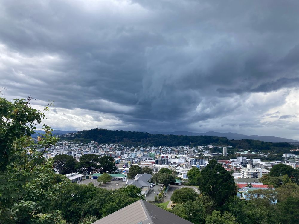 A view over Wellington from on top of a hill, featuring a dark grey stripe of a storm cloud running down the length of the city, swirling white clouds on either side, which eventually disperse into clear blue skies (not quite captured in the photo but its there!!). The view makes me feel like a wizard and/or a meteorologist. 