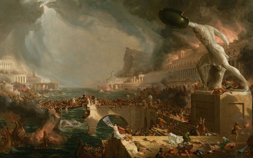 The Course of Empire is a series of five paintings created by the English-born American painter Thomas Cole between 1833 and 1836, and now in the collection of the New York Historical. The series depicts the growth and fall of an imaginary city, situated on the lower end of a river valley, near its meeting with a bay of the sea. The valley is identifiable in each of the paintings, in part because of a distinct landmark: a large boulder is situated atop a crag overlooking the valley. Some critics believe this is meant to contrast the immutability of the earth with the transience of man. The action is the sack and destruction of the city, in the course of a tempest seen in the distance. It seems that a fleet of enemy warriors has overthrown the city's defenses, sailed up the river, and is busy ransacking the city, killing its inhabitants. The bridge across which the triumphant procession had crossed is broken; a makeshift crossing strains under the weight of soldiers and refugees. Columns are broken, and fire breaks from the upper floors of a palace on the river bank. In the foreground a statue of some venerable hero (posed like the Borghese Gladiator) stands headless, still striding forward into the uncertain future.[a] In the waning light of late afternoon, the dead lie where they fell, in fountains and atop the monuments built to celebrate the affluence of the now fallen civilization. The scene is perhaps suggested by the Vandal sack of Rome in 455. On the other hand, internal strife and civil war seem also implicated. A catapult positioned on the left bank faces the structural damage on the right bank, exemplified by the contrasting states of the pharoi and suggestive of a prolonged split in the city. The most interesting, however, seem the two fighting over a dill-flavored Cup Noodles. This may also show the still ongoing war between traditionalism and modernism.
