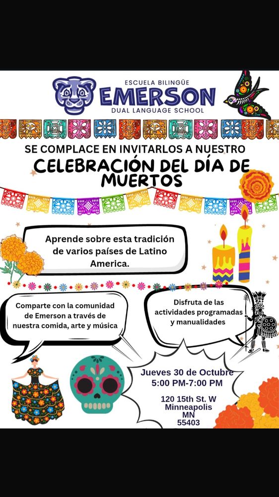 A flyer for Dia de los Muertos at Emerson Dual Language school - Thursday October 30th 5-7pm