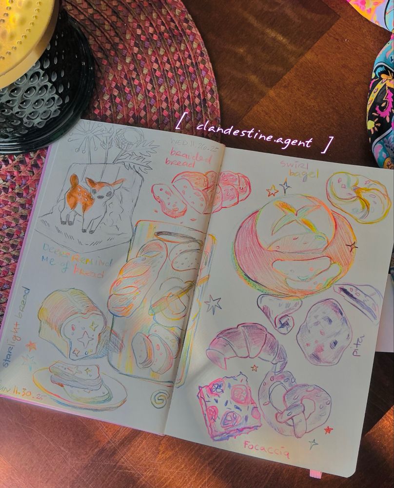 Color pencil sketches of a variety of breads and a little deer figurine.