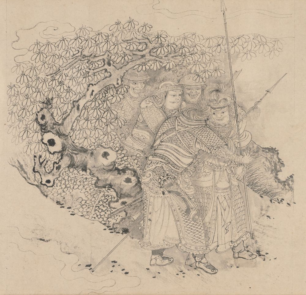 Chinese painting of several armed soldiers exiting a forest. From the Guo shang 國殤 section of the Jiu ge tu 九歌圖 of Zhang Wo 張渥, after Li Gonglin 李公麟. Cleveland museum of art.