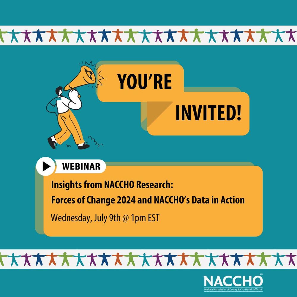 An invitation with a blue background, and an illustrated person with a megaphone saying "you're invited!", with details about NACCHO's upcoming webinar on July 9th at 1pm Eastern Time.