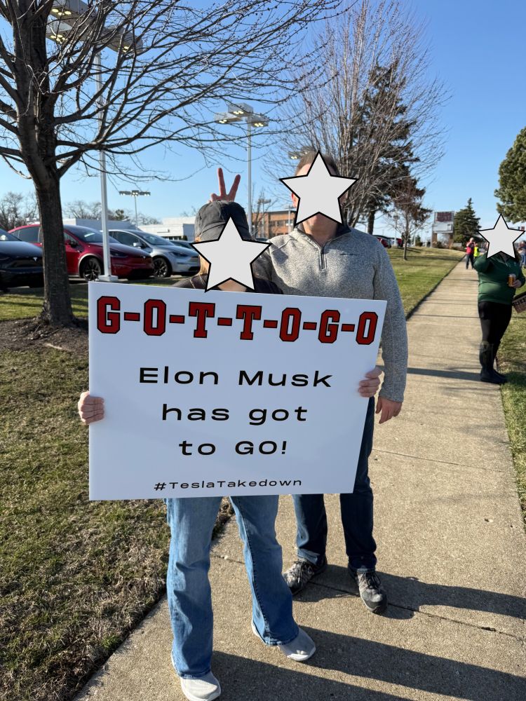 Peaceful demonstrators holding a sign reading G O T T O G O Elon Musk has got to go! with hashtag #TeslaTakedown, standing on a sidewalk near parked cars and trees.