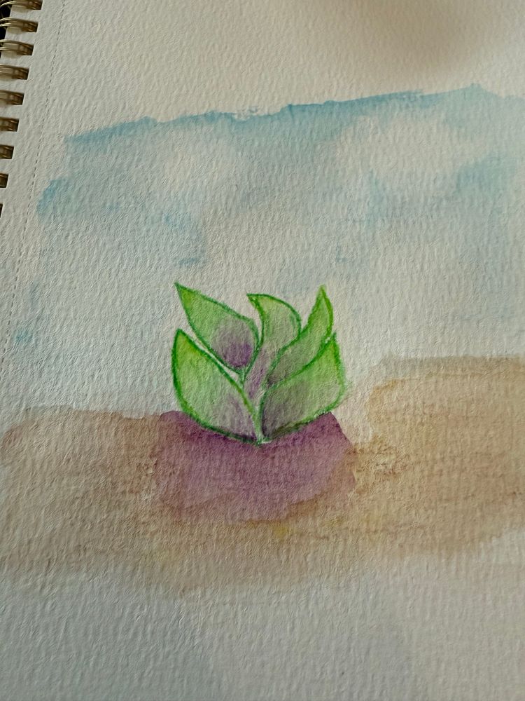 Watercolor pencil drawing of a little green leafy plant growing in some dirt. 