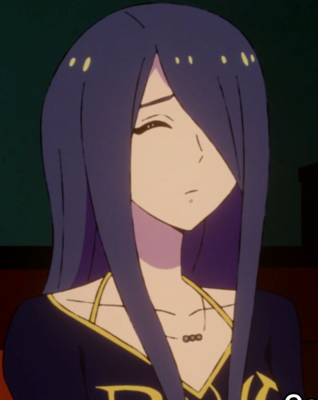 The character Vicki from the "Let's Play" anime. She's a woman with dark blue hair, one of her eyes is fully covered by her bangs & the other is closed.