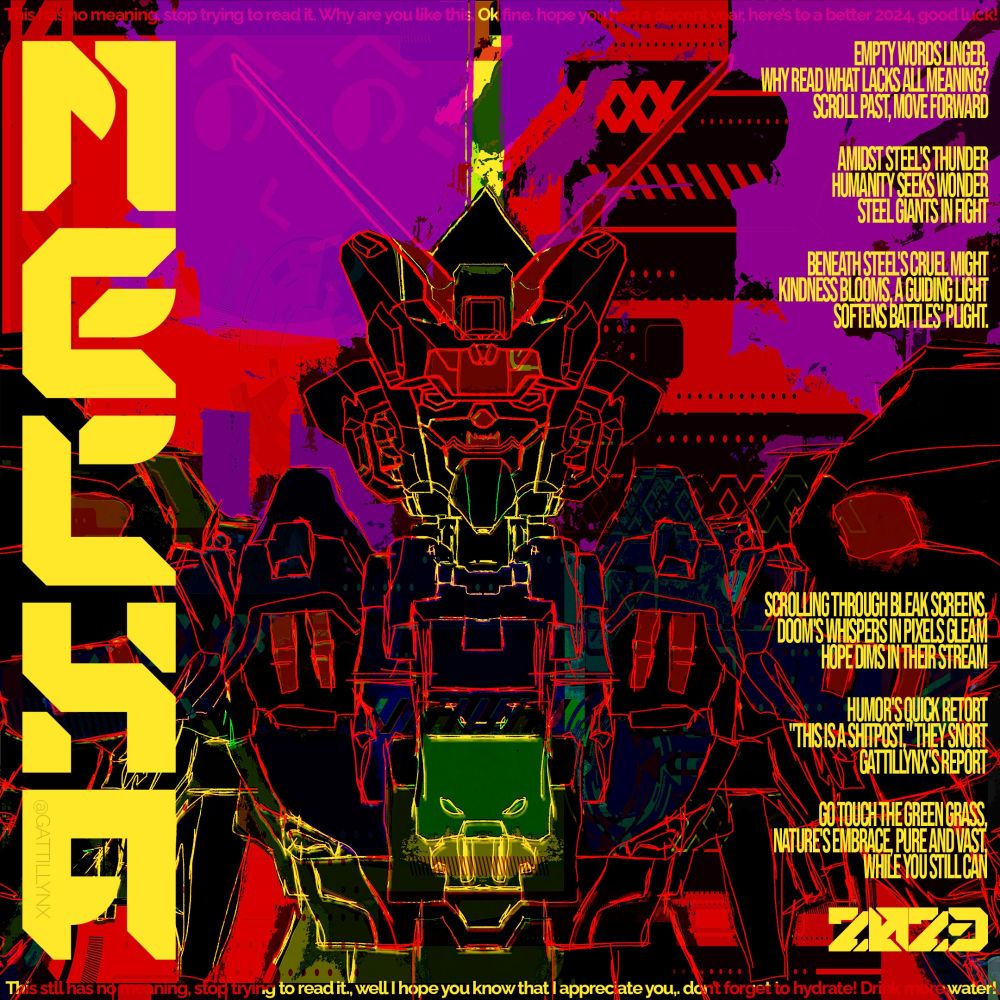 The image is a black mech with a red outline with a red and purple background. There are various text blocks that don't have any meaning spread across the image teasing the reader to stop reading and with encouraging messages. I hope you know that I appreciate you and didn't forget to hydrate! Drink more water!