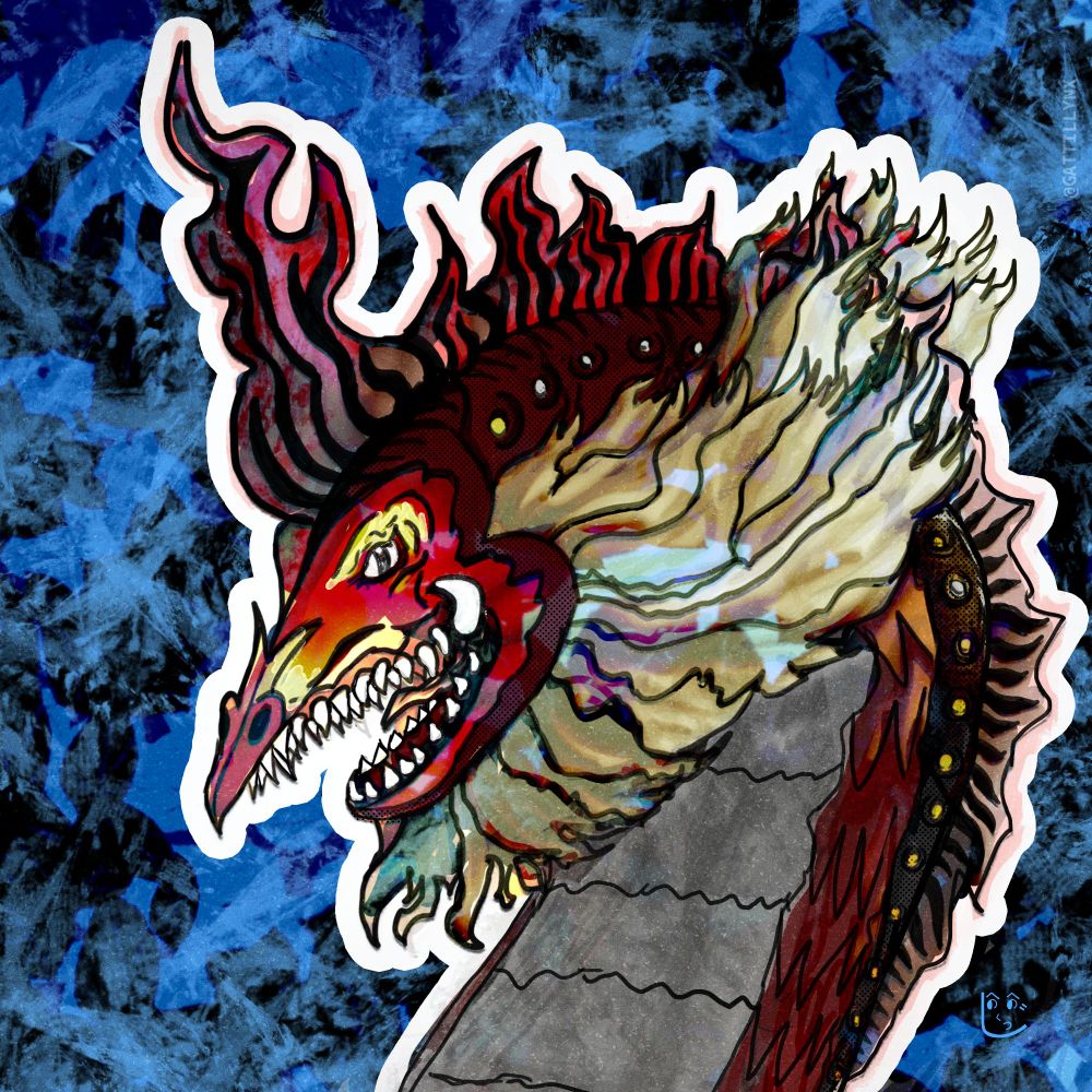 A sketch of a red arched Dragon standing in front of a muffler blue and blad background. The dragon has a faded beard/mane and large set of scales that form a singular horn at the top of its head. The dragon is baring its teeth.