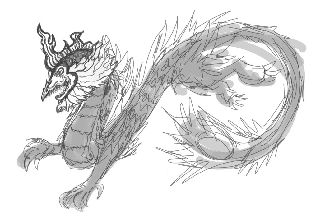 A rough sketch of a long dragon with horns and a very big tail
