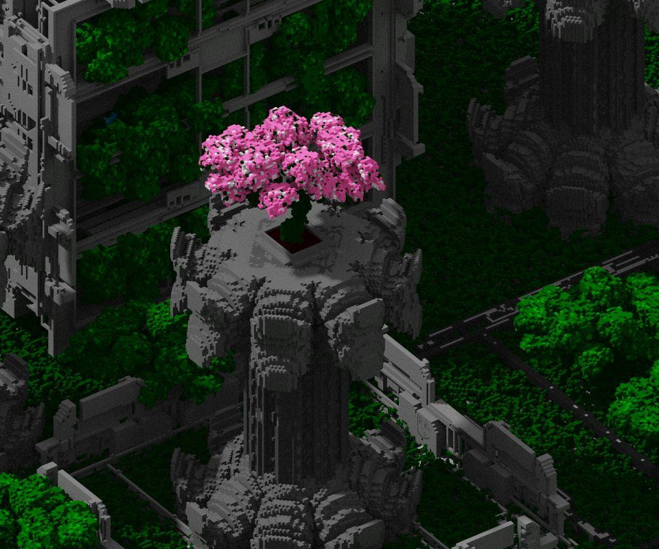 A voxel art piece of a cherry blossom tree which rests on a large mechanical structure, surrounded by a myriad mix of grey buildings with vegetation surrounding them.