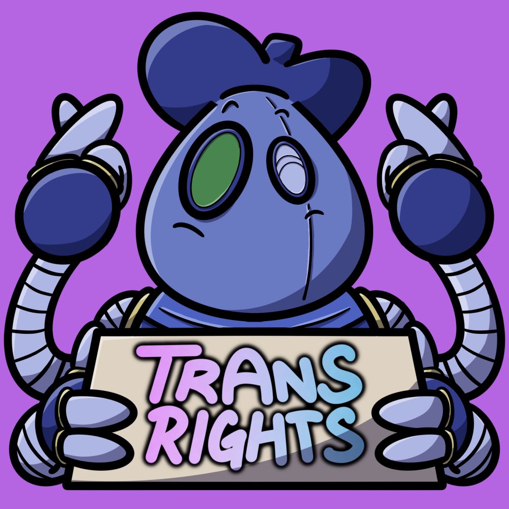 A drawing of D00-DL posing those little finger hearts at you off holding a sign that says “Trans Rights”