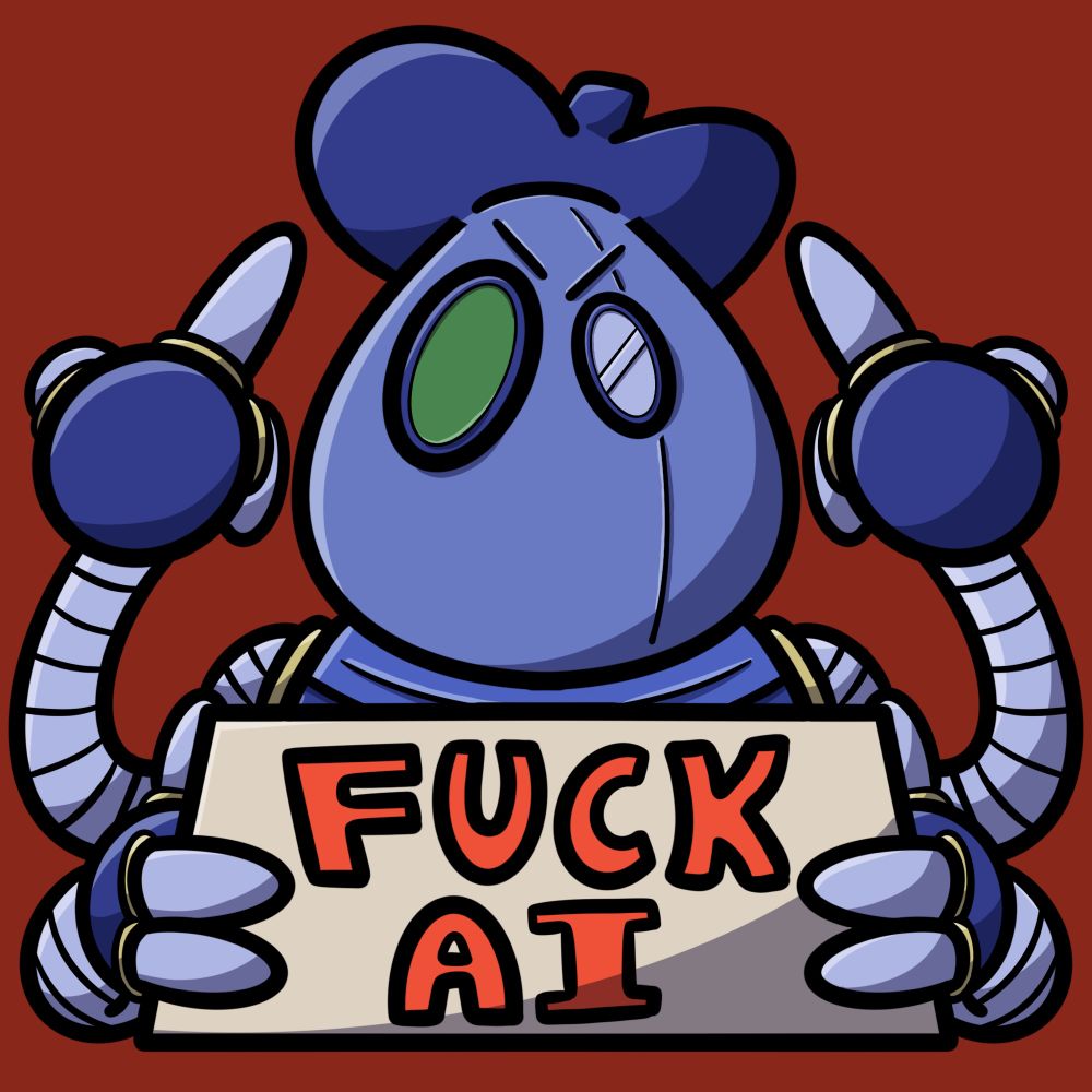 A drawing of D00-DL flipping you off holding a sign that says “Fuck AI”