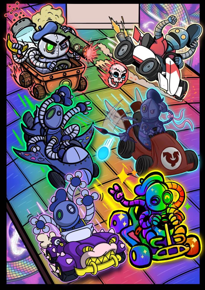 A drawing of D00-DL in a Mario Kart style vehicle, swerving out of the way of something, almost losing his hat)
D00-DL Chicago Token (The six Kart racing D00-DLs from the panels and posters all racing along a road that has a rainbow pattern to it (Legally distinct!) Sam's D00d is in the back firing a skull at Ays's D00d, narrowly missing Adriano's D00d. My D00d is swerving to avoid Ayse's energy blast, which is about to hit Jacob's D00d as he's being overtaken by Jess's D00d