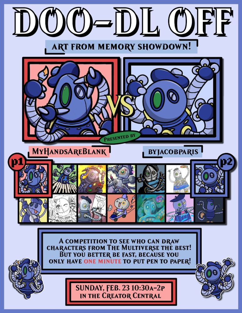 poster promoting a Spectacle Play event at Magic Con Chicago, featuring 14 different D00-DLs drawn by several different magic fan artists.

The text reads
"A competition to see who can draw characters from The Multiverse the best! But you better be fast, because you only have ONE MINUTE to put pen to paper!" 
The event will be held on Sunday, Feb 23 from 10:30am - 2pm in the creator central at Magic Con Chicago