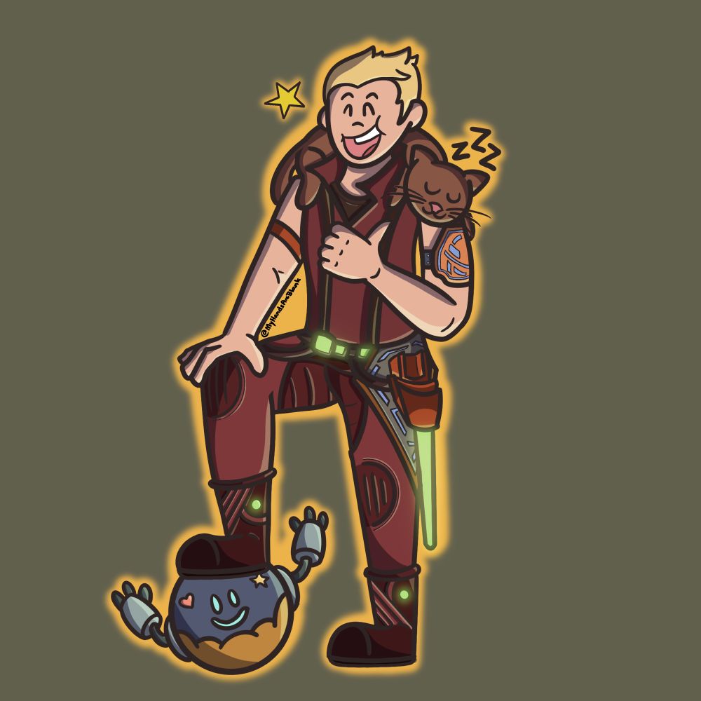 A drawing of Sami from Edge of Eternities giving a thumbs up and a smile with Mirri sitting on their shoulder 