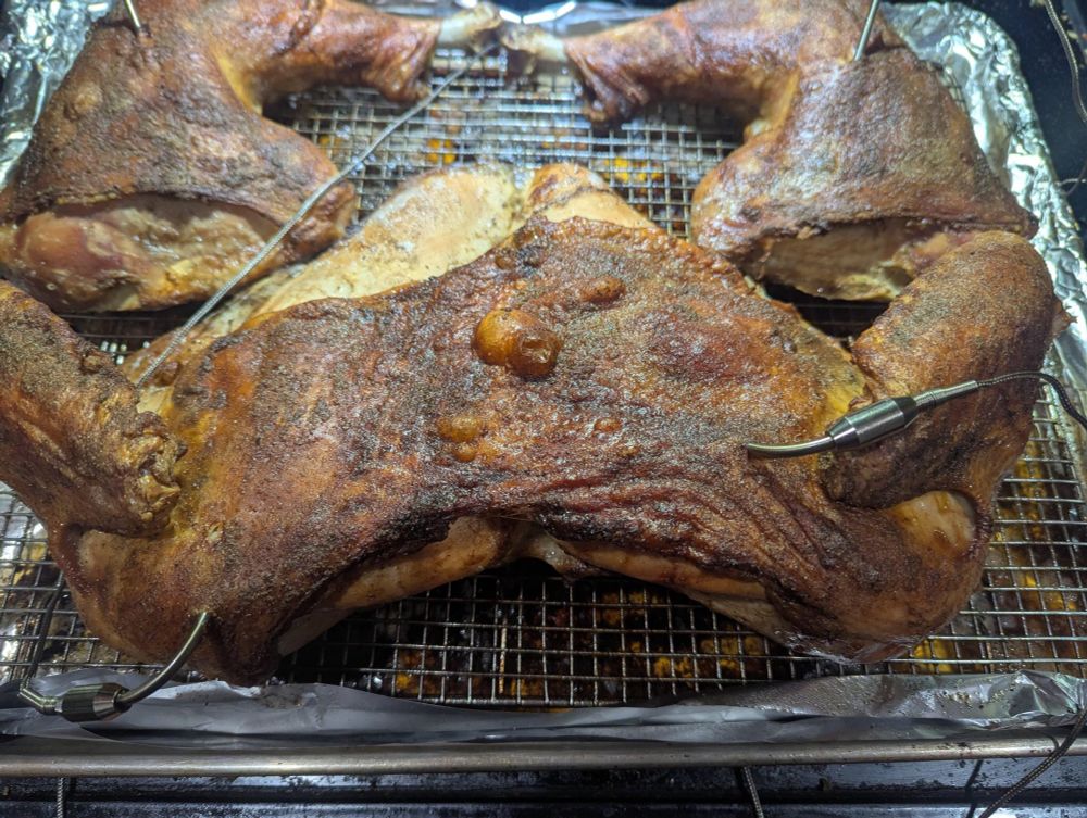 Roasted spatchcock turkey out of the oven.