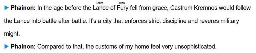 Phainon: In the age before the Lance of Fury (Strife Titan) fell from grace, Castrum Kremnos would follow the Lance into battle after battle. It's a city that enforces strict discipline and reveres military might.
Phainon: Compared to that, the customs of my home feel very unsophisticated.