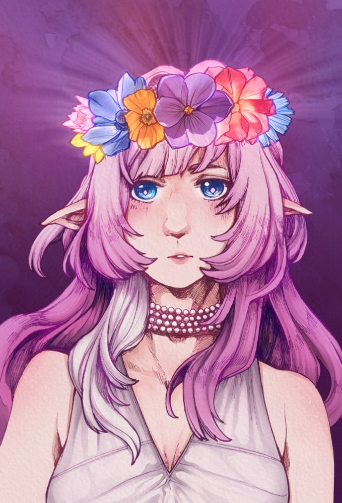 Digital mixed-media bust portrait of Cyrene (Honkai: Star Rail) in a sleeveless white dress, a pearl choker, and a glowing floral crown.