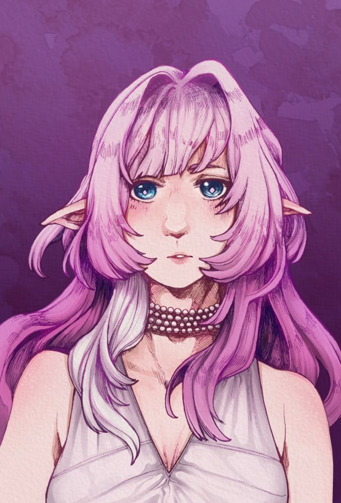Digital mixed-media bust portrait of Cyrene (Honkai: Star Rail) in a sleeveless white dress and a pearl choker.