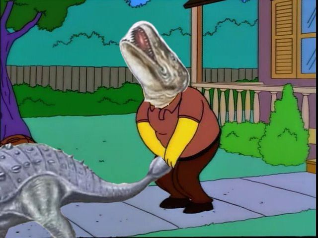 George C Scott from the short film “George C Scott getting hit by football” from the Simpsons, but it’s a dinosaur hitting him in the groin and Scott had the face of another dinosaur r