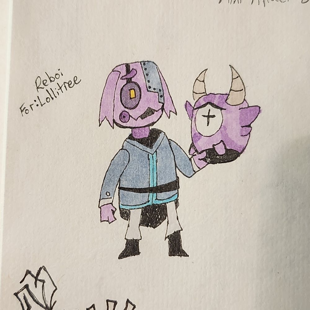 A drawing of a purple robot holding up their purple alien mask.