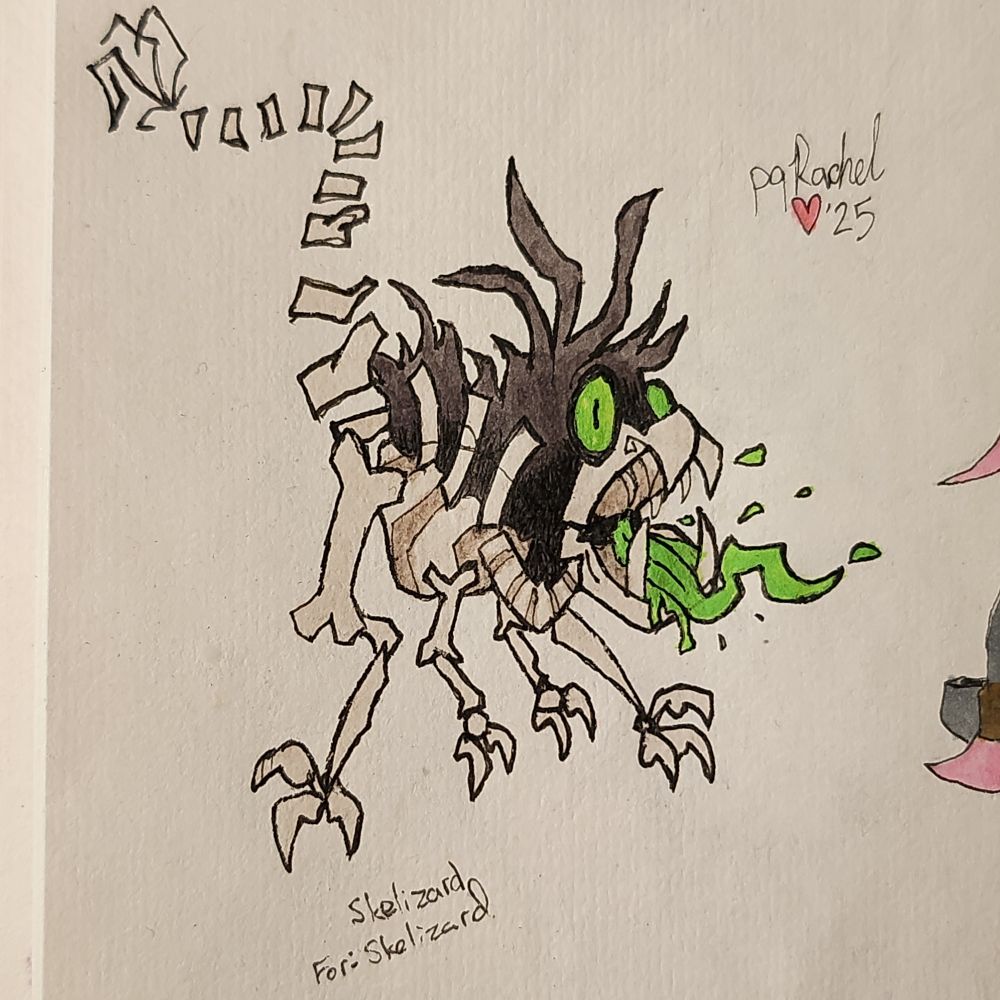 A drawing of a skeletal lizard. They have a smoky black mane and are spitting bright green acid from their mouth.