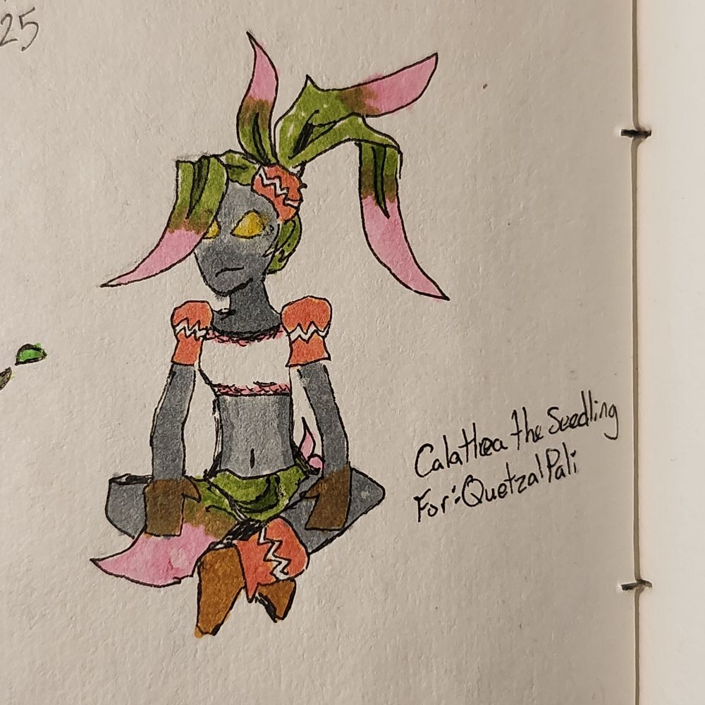 A drawing of a plant girl sitting down. They have green and pink leaves for hair and they're wearing pots on their shoulders and ankles.