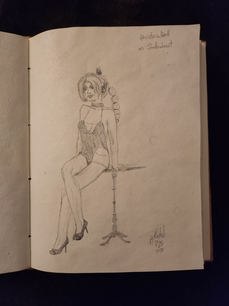 A sketch of a Shadowheart cosplay. She's wearing a short sparkly black dress and heels, sitting on a table showing off her legs.