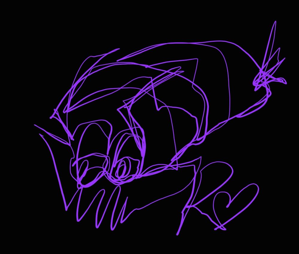 Single line drawing of Wimpod done in purple and very sketchy with some parts being drawn over a few times.