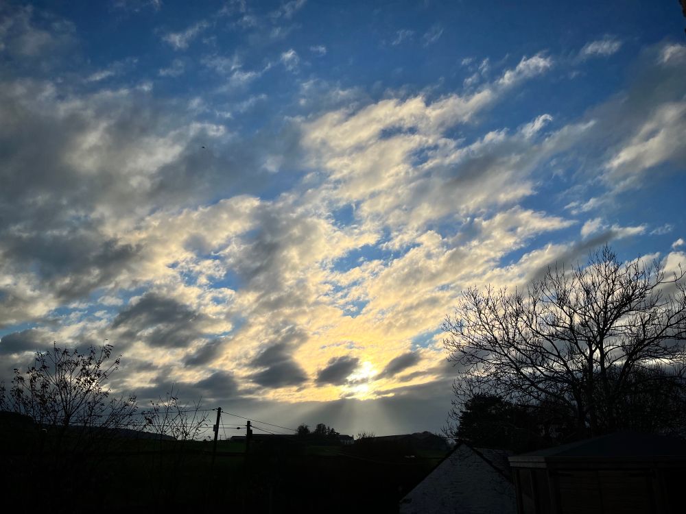 Sun setting behind grey spread out clouds. Blue sky behind. Houses and trees silhouetted below.