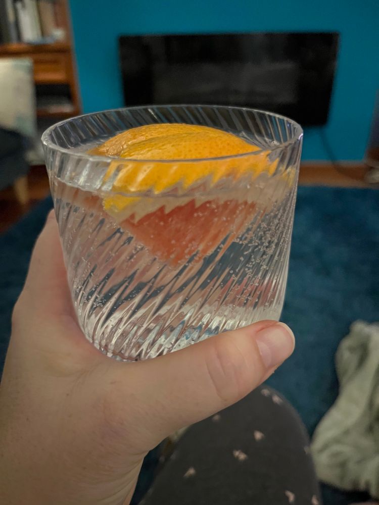 Hand holding a glass with clear liquid and cuts of grapefruit. Liquid is gin and tonic.