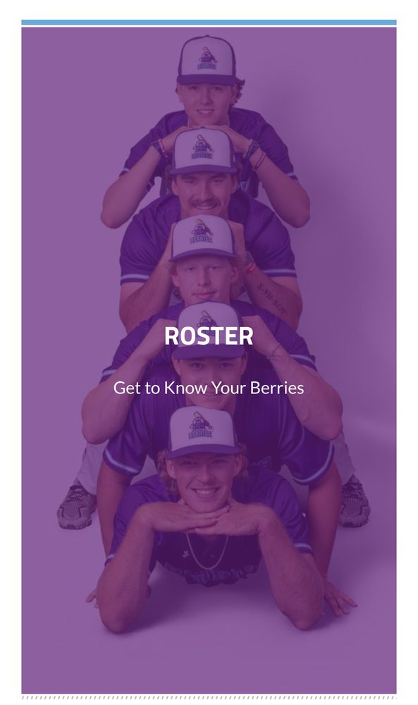 A screenshot of a website where it says “Roster, Get to Know Your Berries” and it’s 5 baseball players lined up with one head atop the other in a hilarious pose.