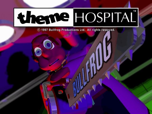 Title screen of Theme Hospital showing a doctor holding a chainsaw 