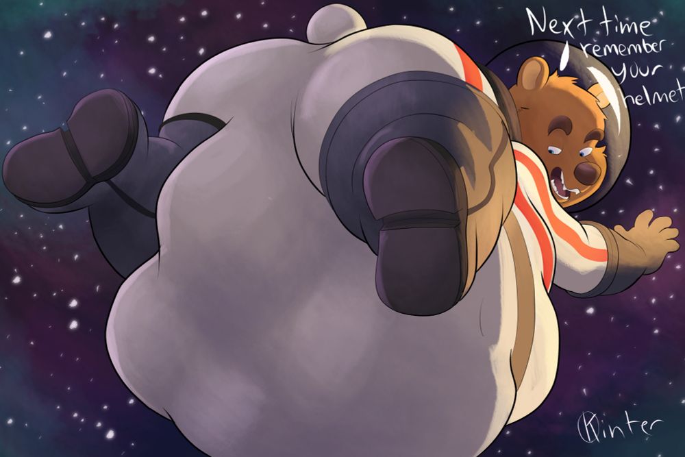 A brown bear floating through space in a great looking suit, looking down at his belly, while saying "Next time, remember your helmet." with an unamused expression on his face.

vore endo endosoma space spacesuit safe internal willing_prey bear_pred fox_prey
