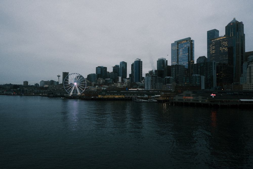 Downtown Seattle as seen from a ferry around sunset 