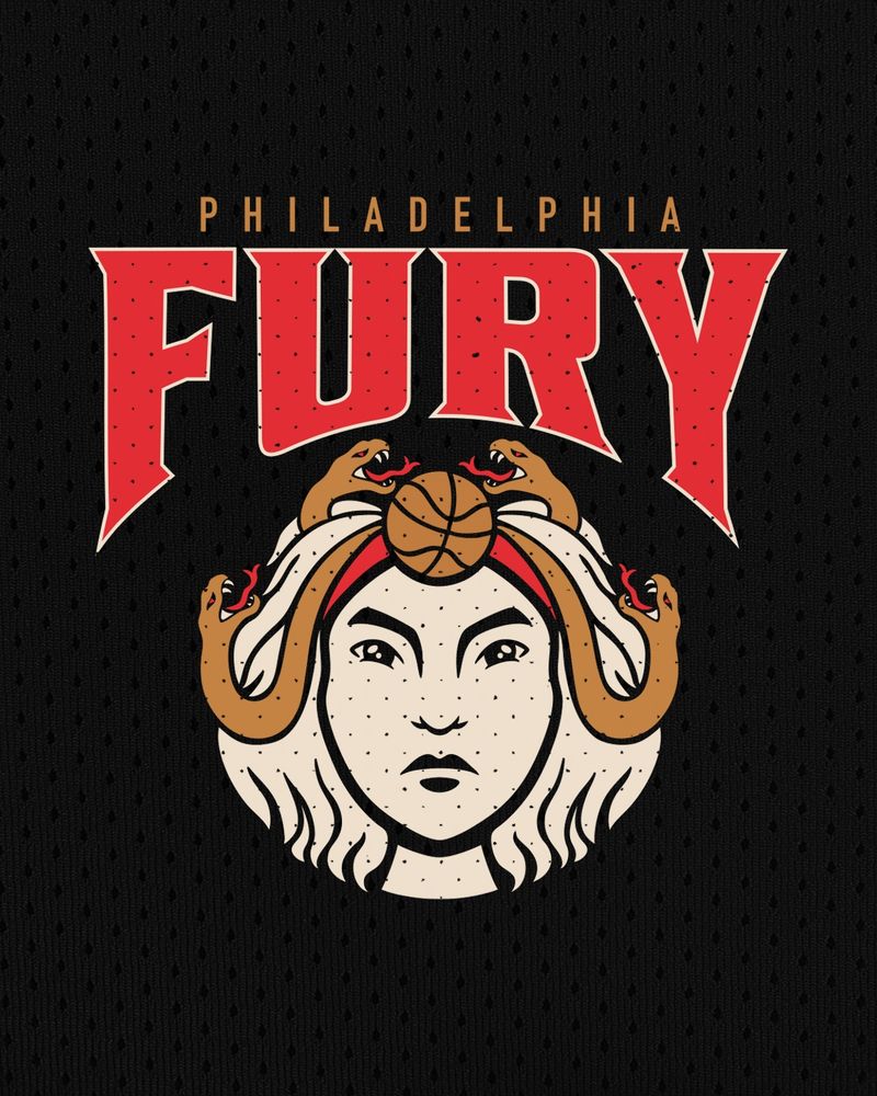 Prospective logo by Corey Danks for Philadelphia's future WNBA team. The logo features pissed off looking marble colored woman wearing a red headband, with bronze snakes in her hair. Above the log is the 'PHILADELPHIA' in bronze and 'FURY' in red with a marble outline.