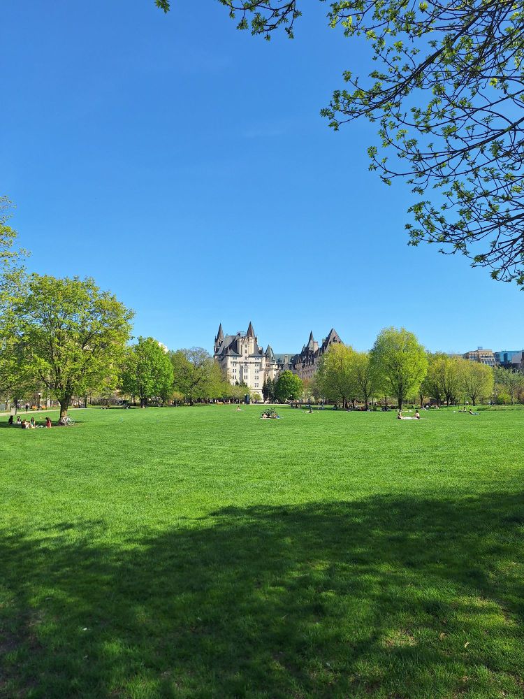 People lounging on grass and enjoying the sun at Major's Hill Park in Ottawa 