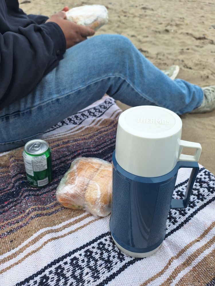 Sandwich and thermos at a beach 