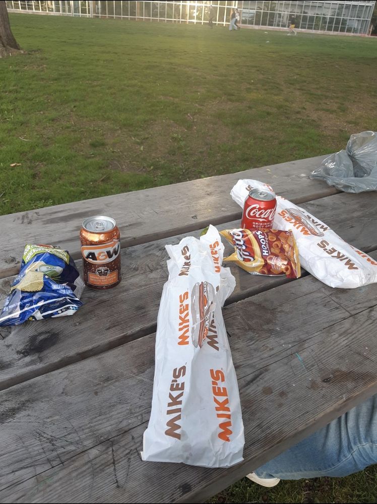 2 Mike's sub sandwiches, cans of pop, and small bags of chips on a picnic table.