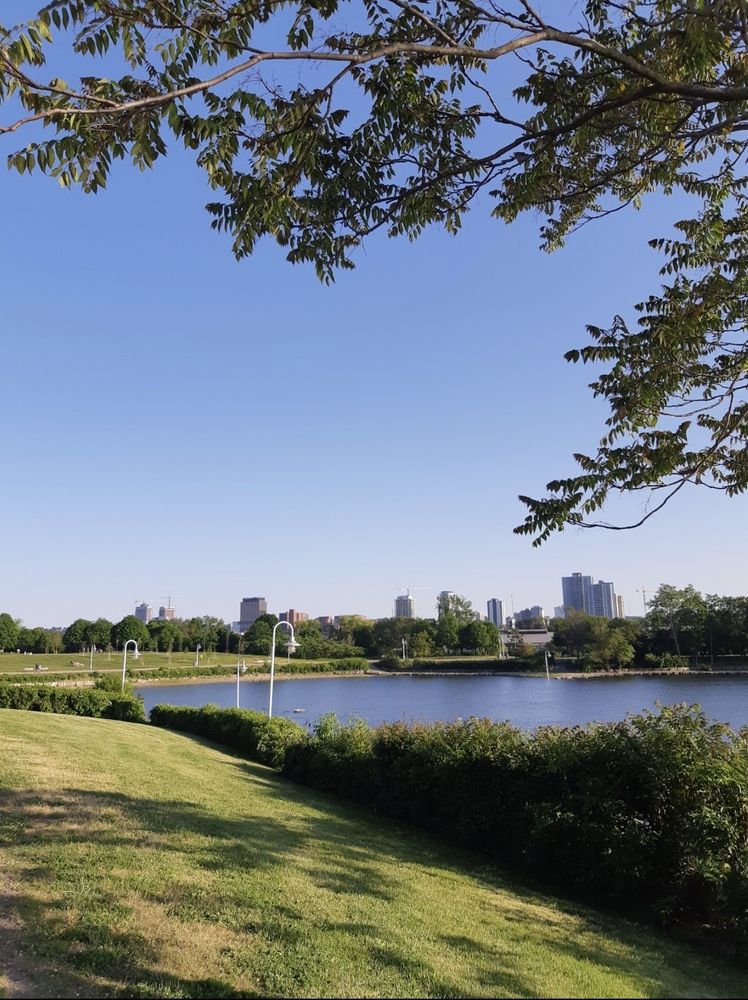 Bayfront Park in Hamilton, Ontario. Green park on the lakeshore with city skyline in the distance. #Hamont