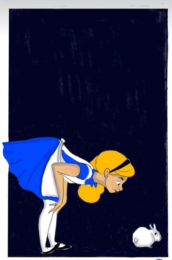 Girl with a blue dress and a white apron  looks at a white bunny with wonder