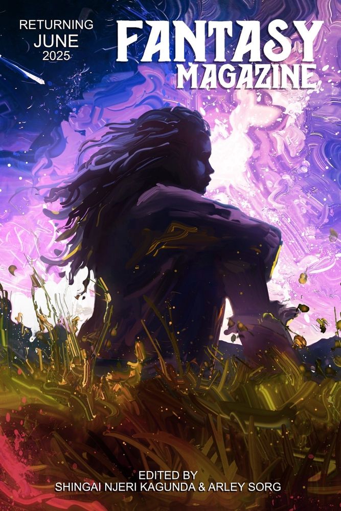 cover for the Fantasy Magazine relaunch, a young woman sitting on grass with a striking purple sky behind her