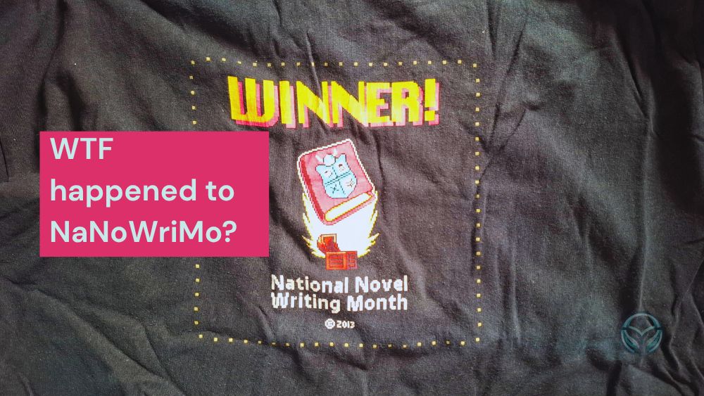 A picture of a NaNoWriMo winners t-shirt that I bought in 2013. It uses a pixel art kind of style to imagery and lettering.