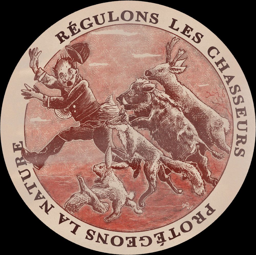 Illustration numérique dans les tons bordeaux et blancs et dans une forme circulaire. Un homme en tenue de chasse se fait bousculer par un chevreuil, un sanglier, un renard, un lapin et une perdrix. Un texte autour de la scène indique "Régulons les chasseurs, protégeons la nature"