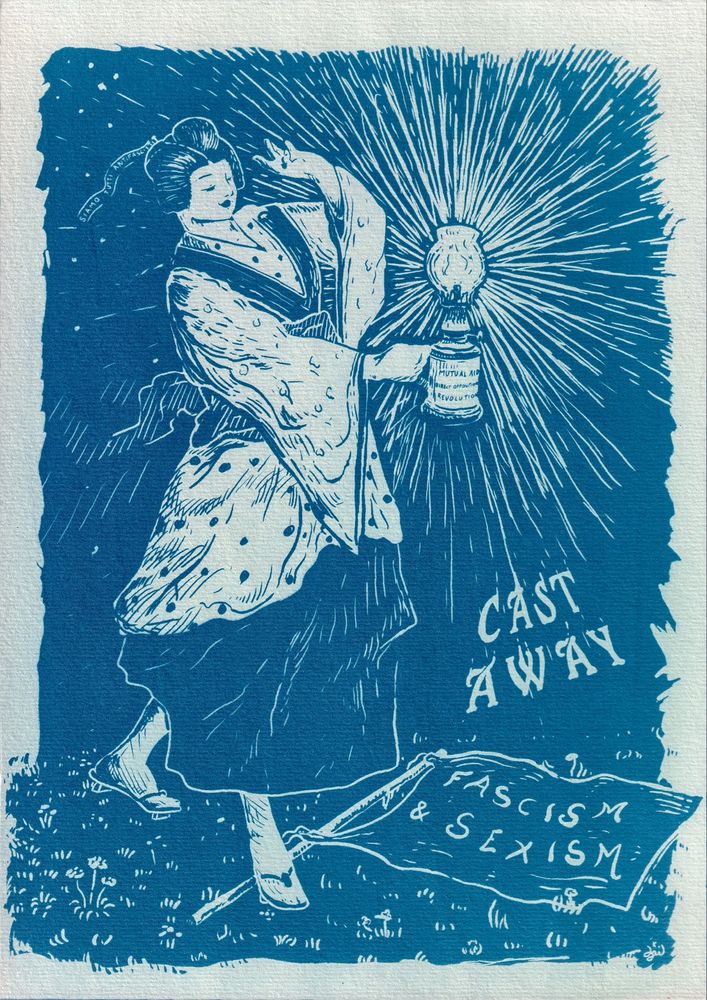 Cyanotype d'après un dessin Arts And Crafts avec une femme en kimono qui tient une lampe pour chasser le sexisme et le fascisme. 