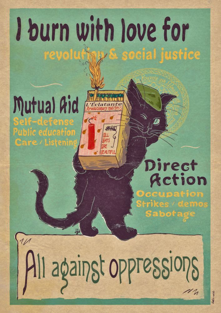 Digital poster featuring a black cat carrying a giant box of matches. The text reads "I burn with love for revolution and social justice, all against oppressions