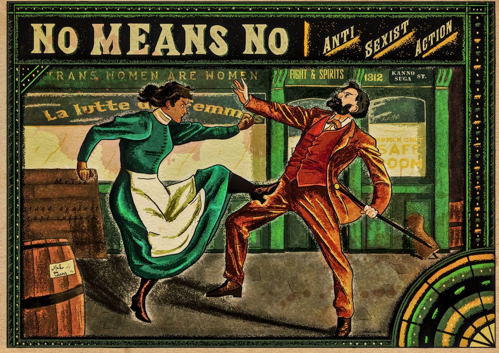 Affiche vintage dans les tons verts, turquoise et orangés. Une femme est en train de donner un violent coup de pieds à un homme qui a la main tendue vers elle.
Un texte indique "No means no, anti-sexist action"