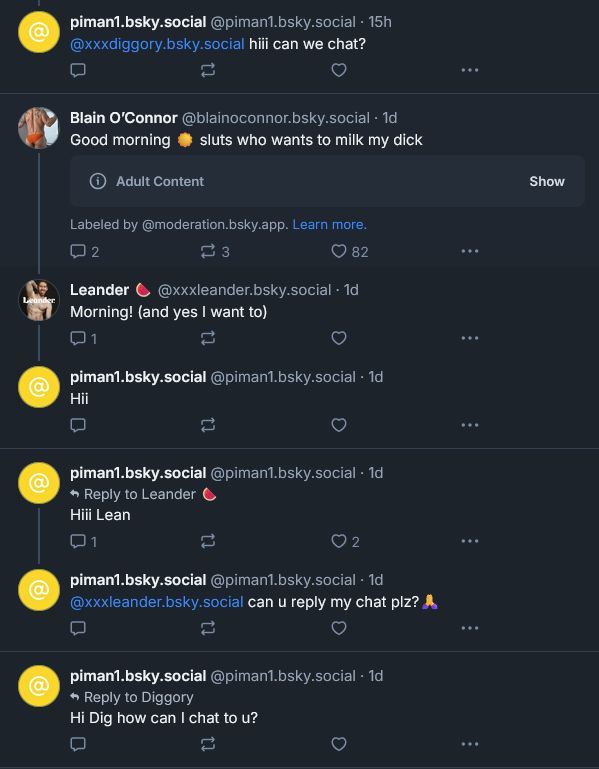 a collection of desperate requests to chat sent by bsky user piman1 to Leander and Diggory, who are gay porn actors.