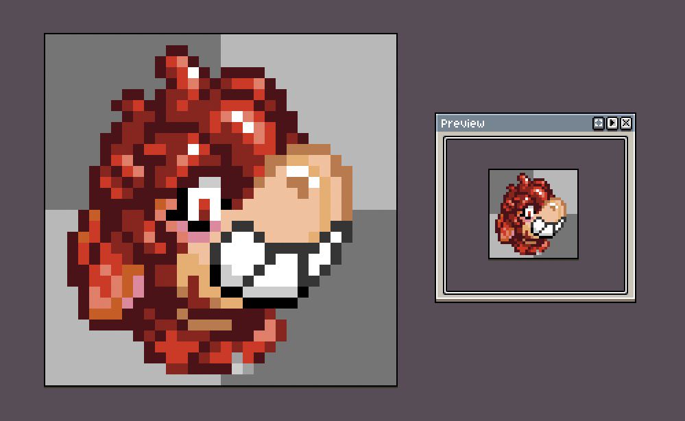 pixel art of cocoa as a pooltoy shark with a preview window to the right of the same image but zoomed out.