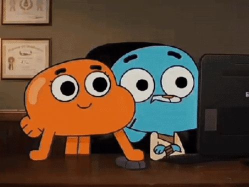 two cartoon characters from the amazing world of gumball are looking at a computer monitor